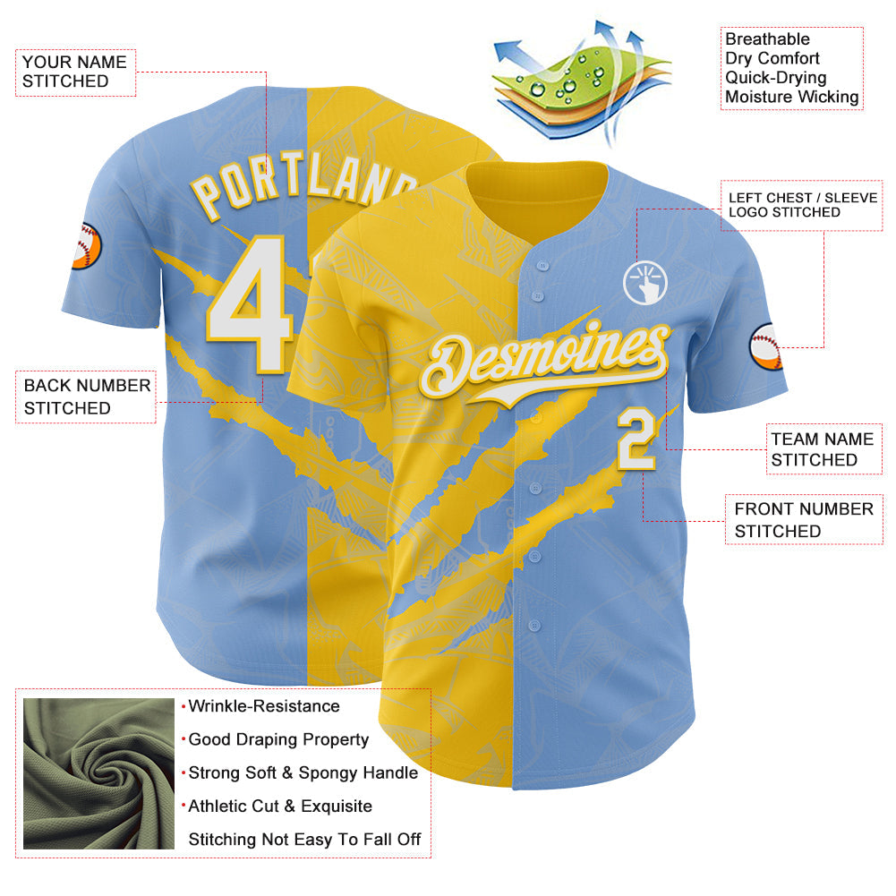 Custom Graffiti Pattern White Light Blue-Yellow 3D Scratch Authentic Baseball Jersey view 3