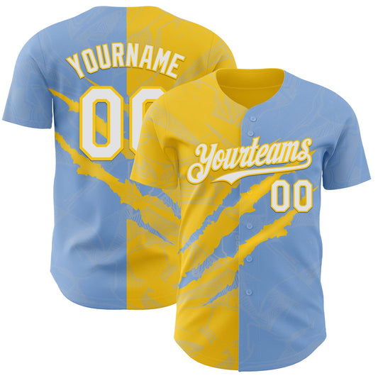 Custom Graffiti Pattern White Light Blue-Yellow 3D Scratch Authentic Baseball Jersey - Main View