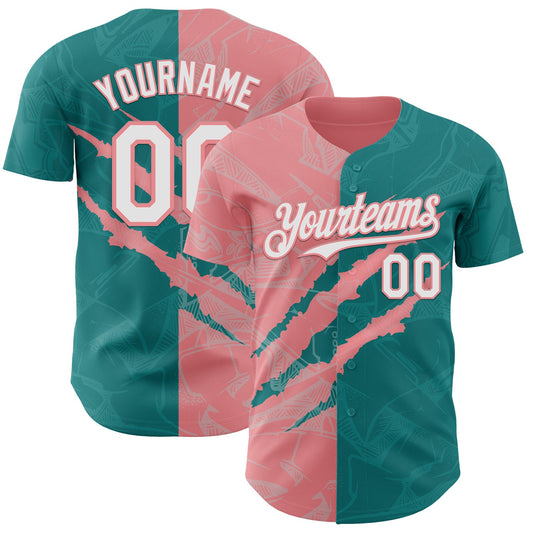 Custom Graffiti Pattern White Teal-Medium Pink 3D Scratch Authentic Baseball Jersey - Main View