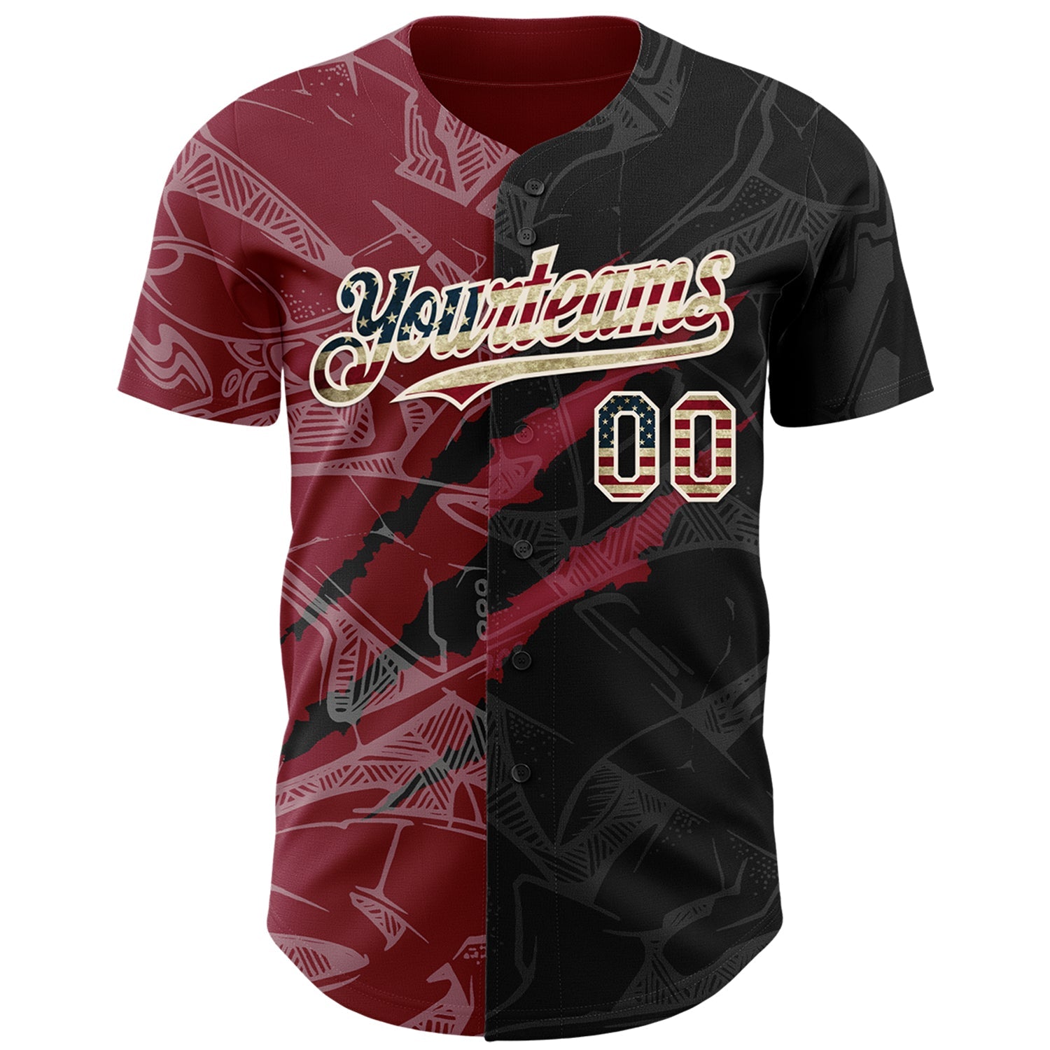 Custom Graffiti Pattern Vintage USA Flag Black Crimson-Cream 3D Scratch Authentic Baseball Jersey view 2
