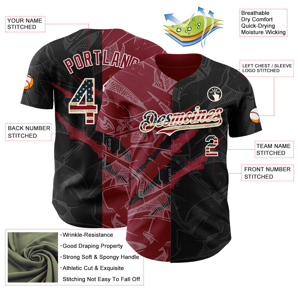 Custom Graffiti Pattern Vintage USA Flag Black Crimson-Cream 3D Scratch Authentic Baseball Jersey view 3