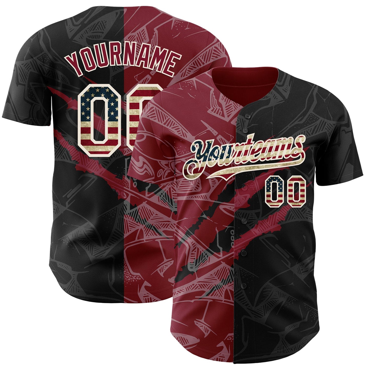 Custom Graffiti Pattern Vintage USA Flag Black Crimson-Cream 3D Scratch Authentic Baseball Jersey - Main View