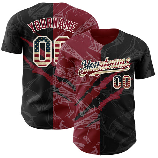 Custom Graffiti Pattern Vintage USA Flag Black Crimson-Cream 3D Scratch Authentic Baseball Jersey - Main View