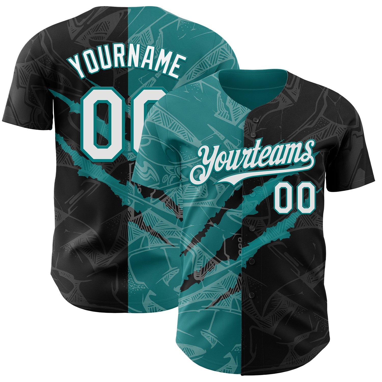 Custom Graffiti Pattern White Black-Teal 3D Scratch Authentic Baseball Jersey - Main View