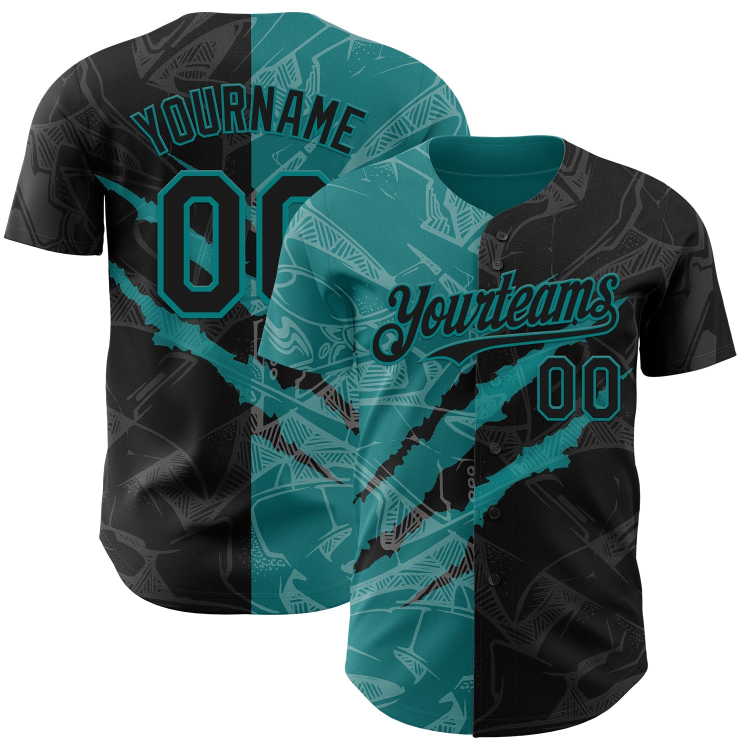 Custom Graffiti Pattern Black-Teal 3D Scratch Authentic Baseball Jersey - Main View