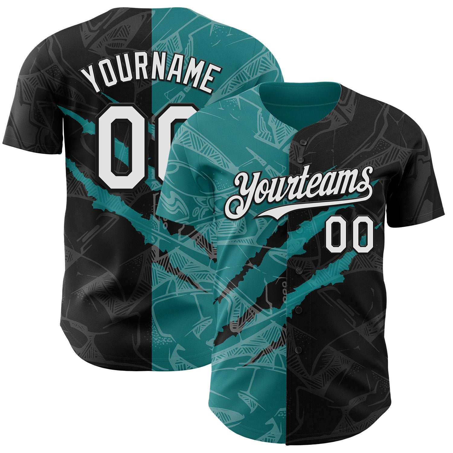 Custom Graffiti Pattern White Black-Teal 3D Scratch Authentic Baseball Jersey - Main View