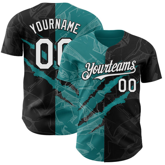 Custom Graffiti Pattern White Black-Teal 3D Scratch Authentic Baseball Jersey - Main View