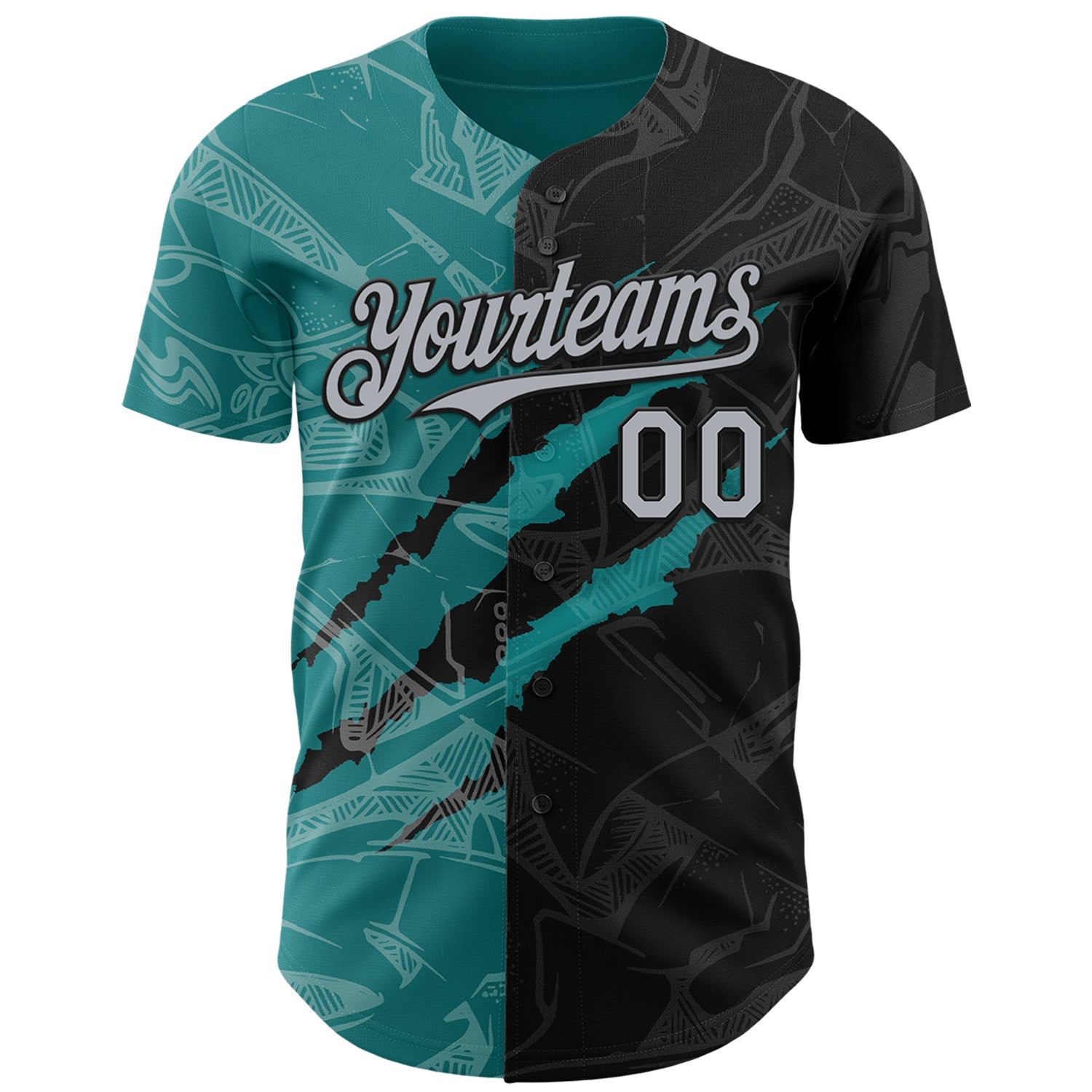 Custom Graffiti Pattern Gray Black-Teal 3D Scratch Authentic Baseball Jersey view 2