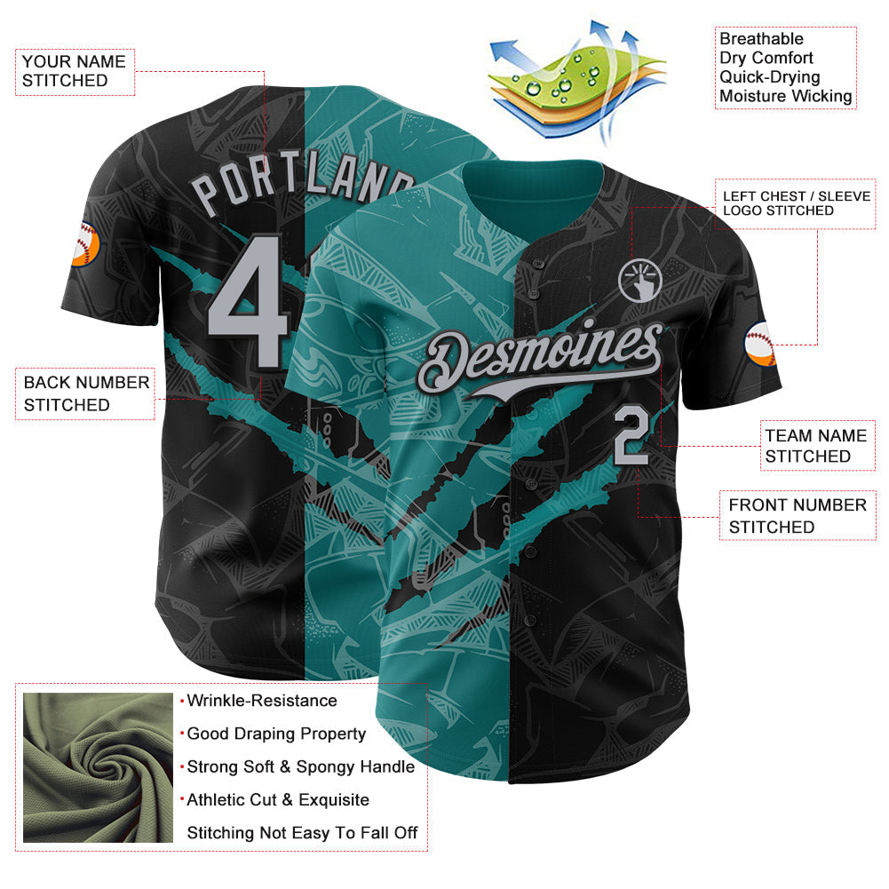 Custom Graffiti Pattern Gray Black-Teal 3D Scratch Authentic Baseball Jersey view 3