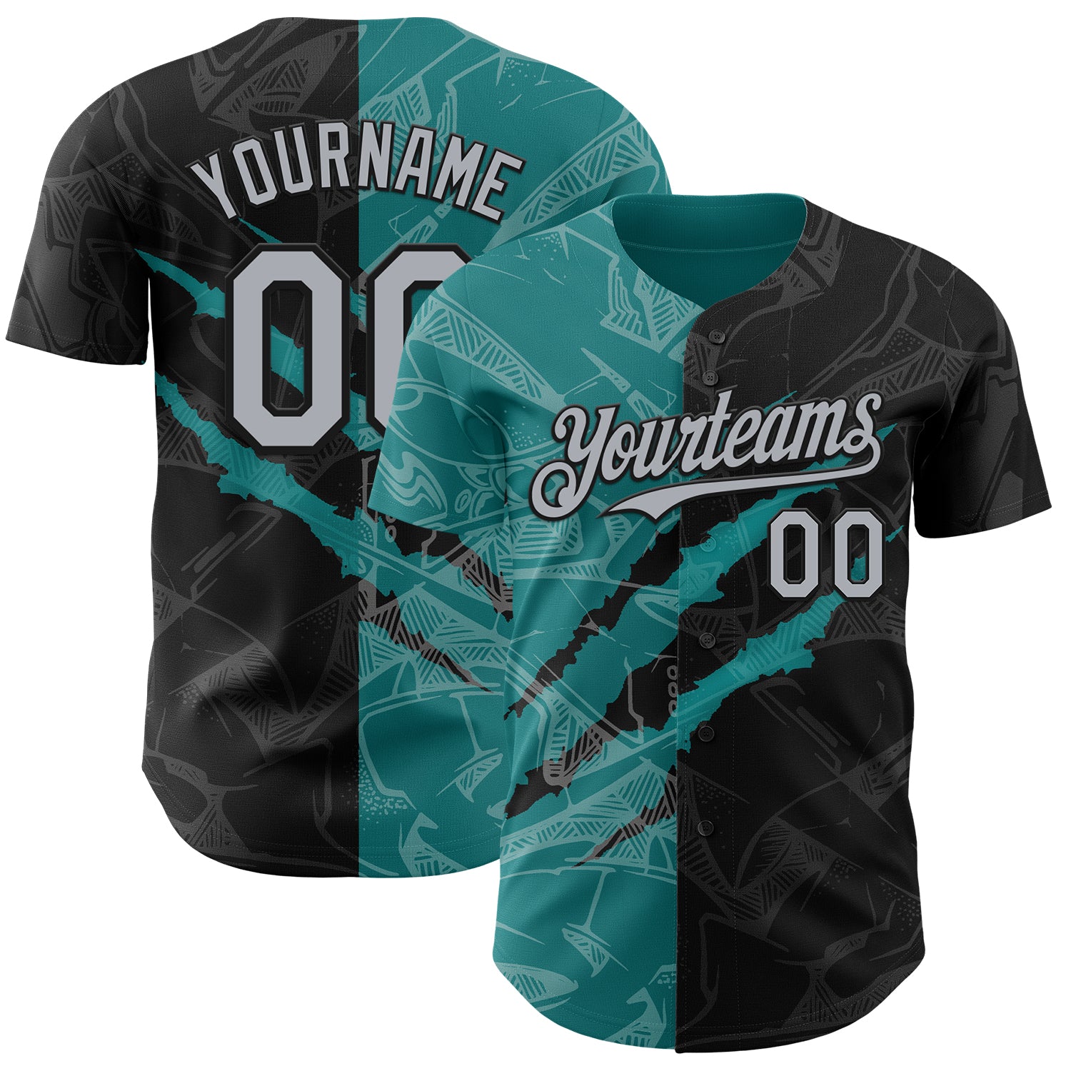 Custom Graffiti Pattern Gray Black-Teal 3D Scratch Authentic Baseball Jersey - Main View