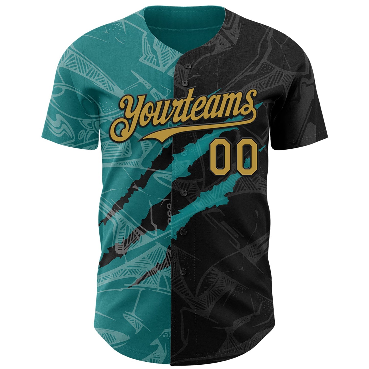 Custom Graffiti Pattern Old Gold Black-Teal 3D Scratch Authentic Baseball Jersey view 2