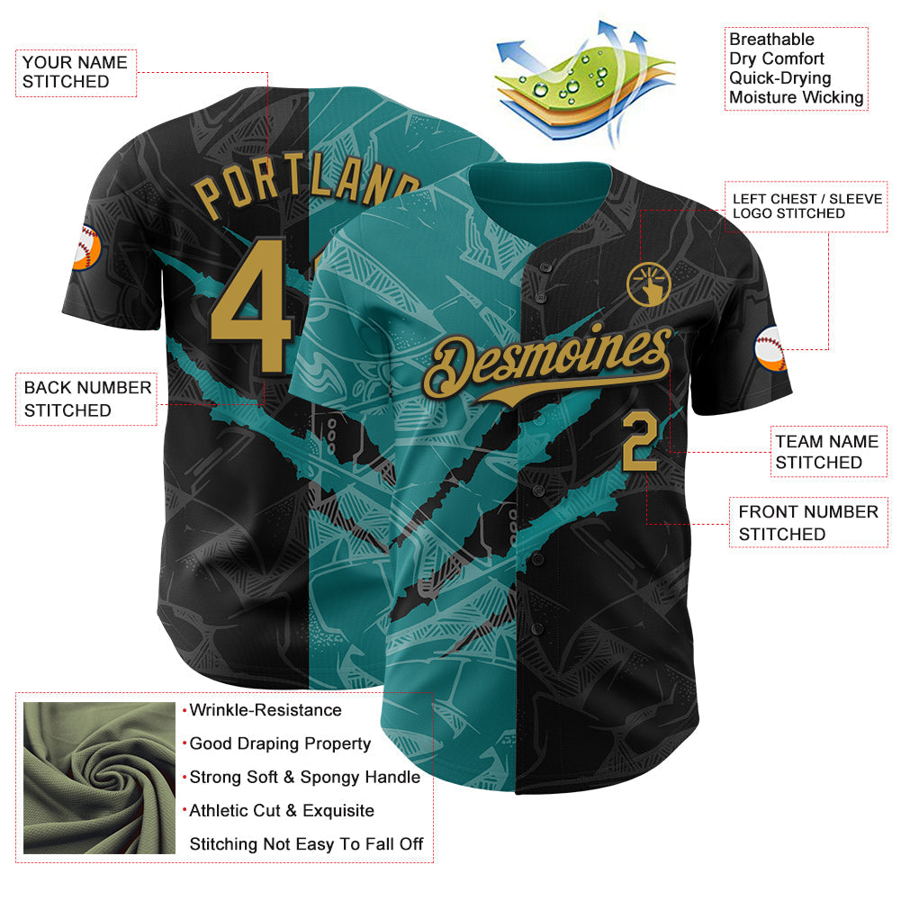 Custom Graffiti Pattern Old Gold Black-Teal 3D Scratch Authentic Baseball Jersey view 3