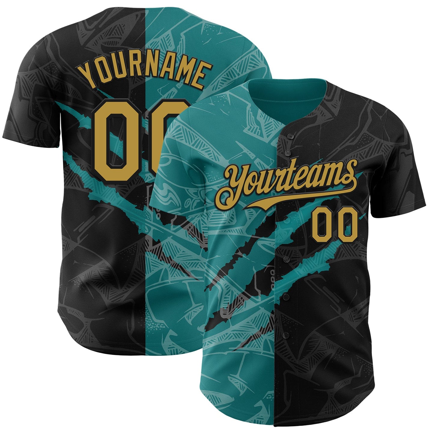 Custom Graffiti Pattern Old Gold Black-Teal 3D Scratch Authentic Baseball Jersey - Main View