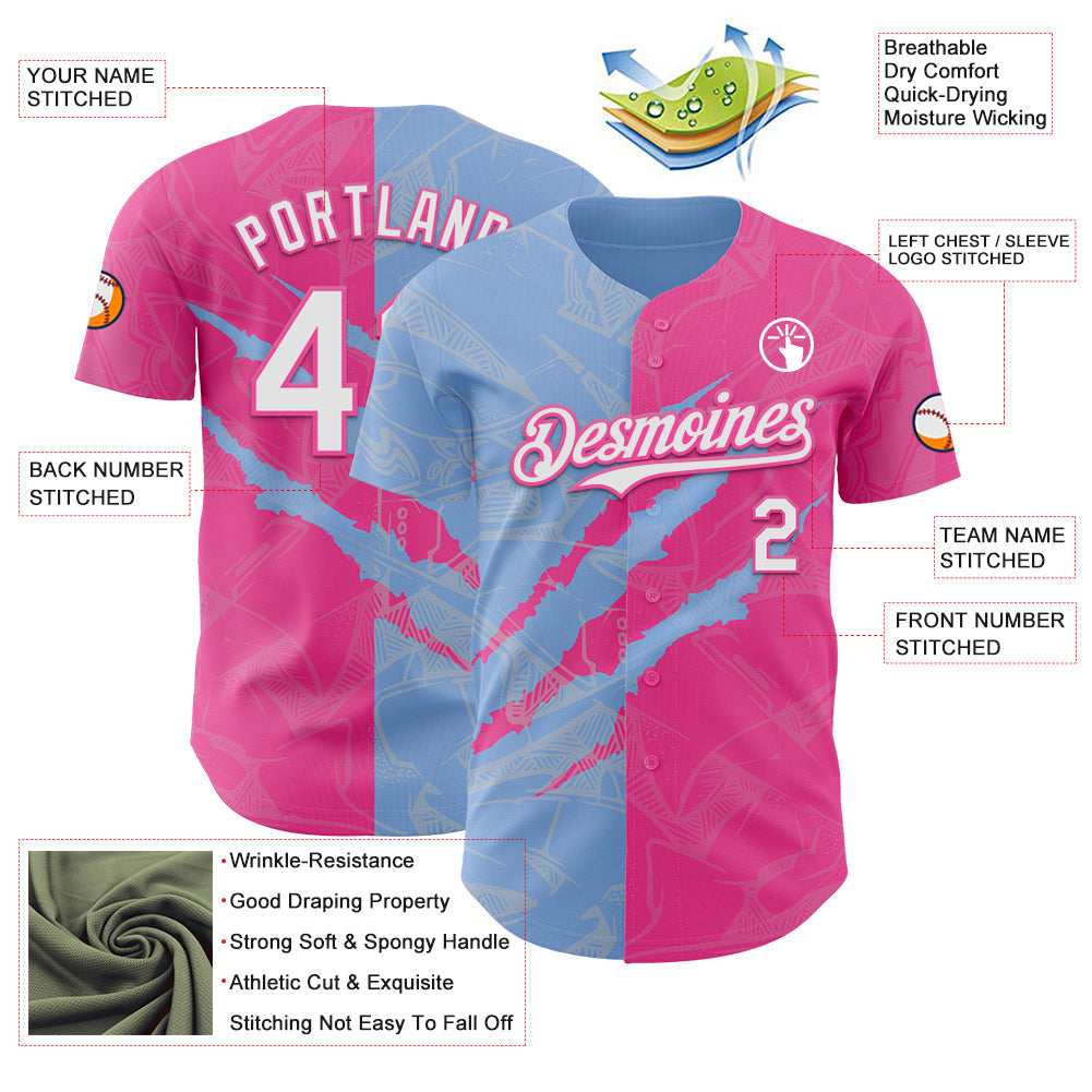 Custom Graffiti Pattern White Pink-Light Blue 3D Scratch Authentic Baseball Jersey view 3
