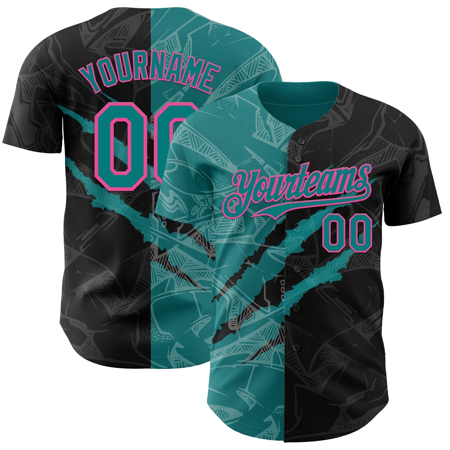 Custom Graffiti Pattern Teal Black-Pink 3D Scratch Authentic Baseball Jersey - Main View
