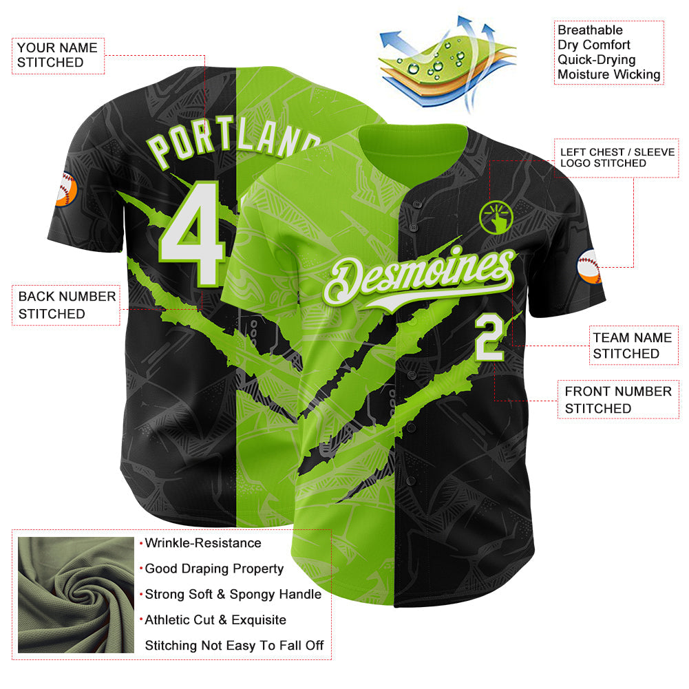 Custom Graffiti Pattern White Black-Neon Green 3D Scratch Authentic Baseball Jersey view 3