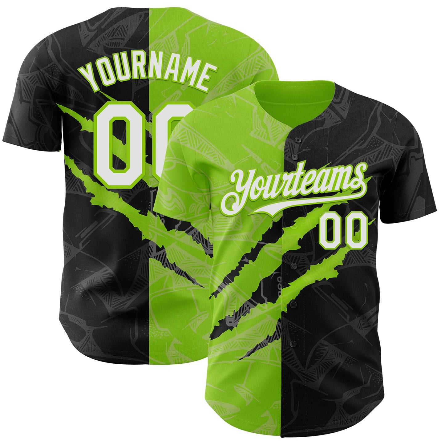 Custom Graffiti Pattern White Black-Neon Green 3D Scratch Authentic Baseball Jersey - Main View