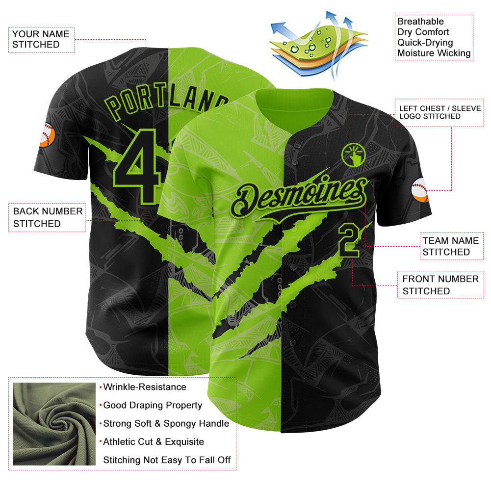 Custom Graffiti Pattern Black-Neon Green 3D Scratch Authentic Baseball Jersey view 3