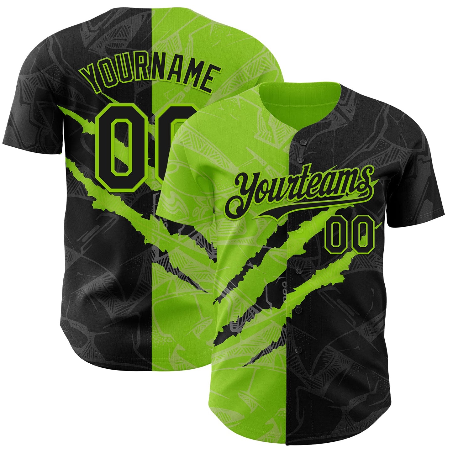 Custom Graffiti Pattern Black-Neon Green 3D Scratch Authentic Baseball Jersey - Main View