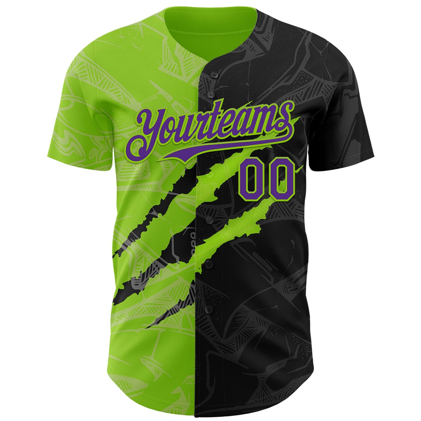Custom Graffiti Pattern Purple Black-Neon Green 3D Scratch Authentic Baseball Jersey view 2