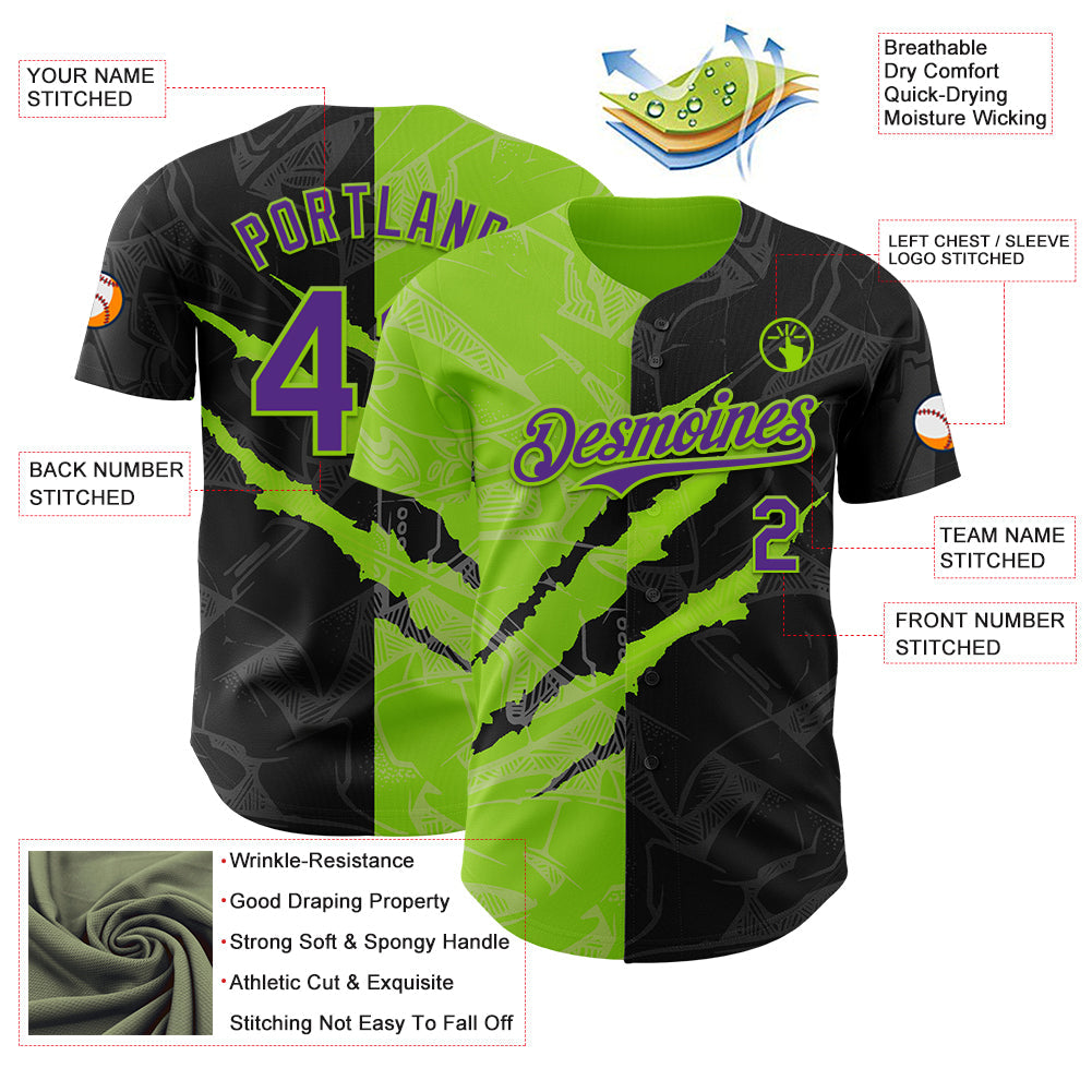 Custom Graffiti Pattern Purple Black-Neon Green 3D Scratch Authentic Baseball Jersey view 3