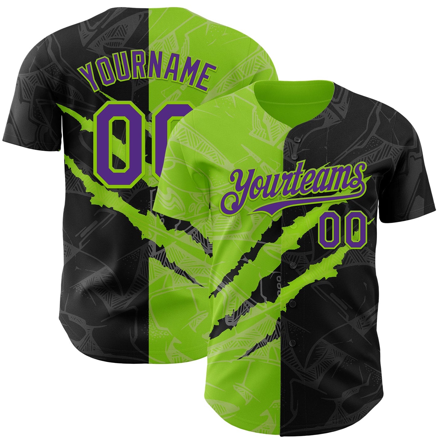 Custom Graffiti Pattern Purple Black-Neon Green 3D Scratch Authentic Baseball Jersey - Main View