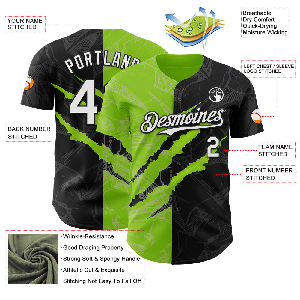 Custom Graffiti Pattern White Black-Neon Green 3D Scratch Authentic Baseball Jersey view 3