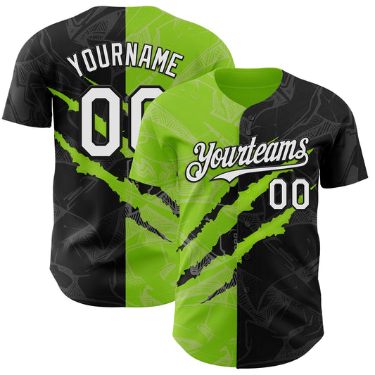 Custom Graffiti Pattern White Black-Neon Green 3D Scratch Authentic Baseball Jersey - Main View