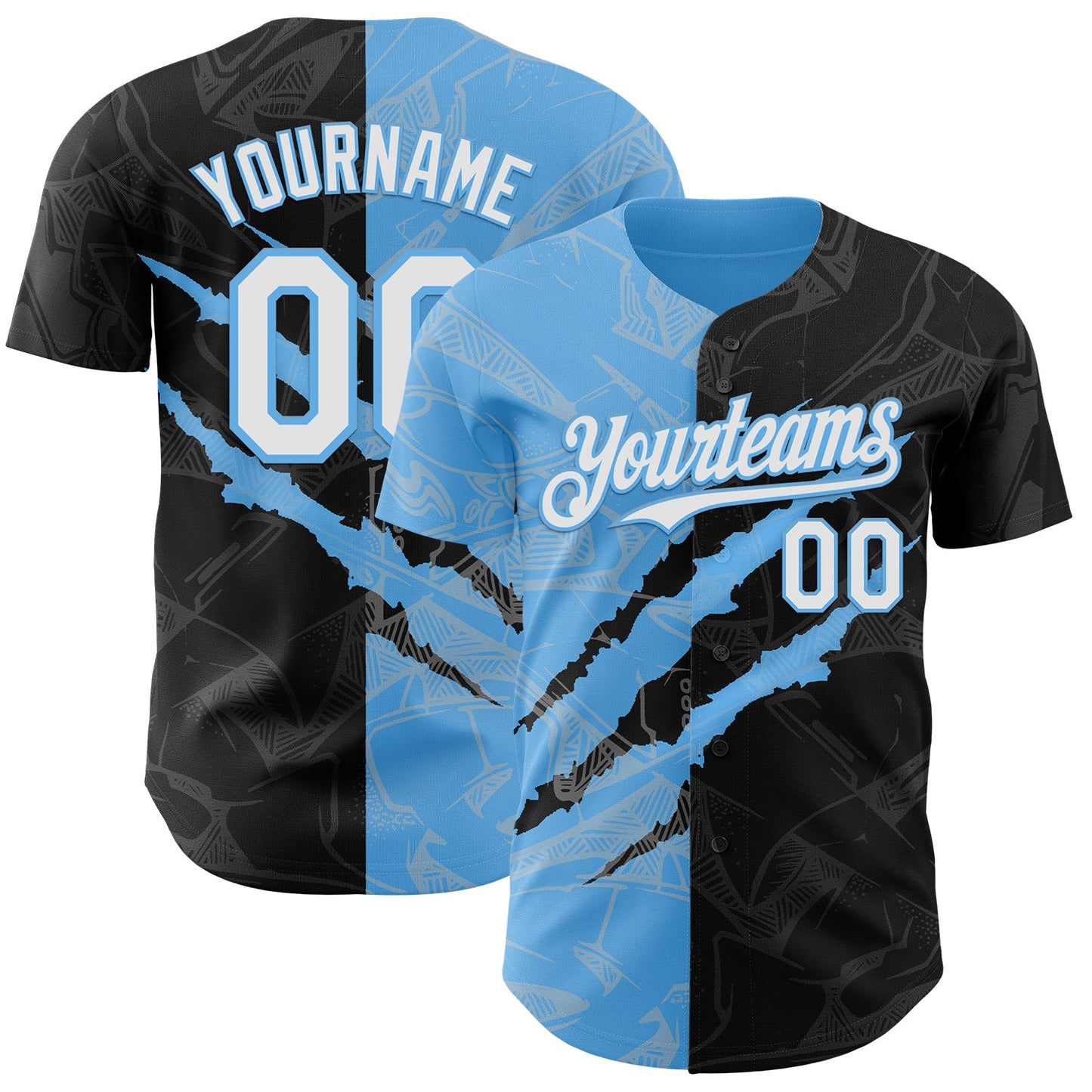 Custom Graffiti Pattern White Black-Sky Blue 3D Scratch Authentic Baseball Jersey - Main View