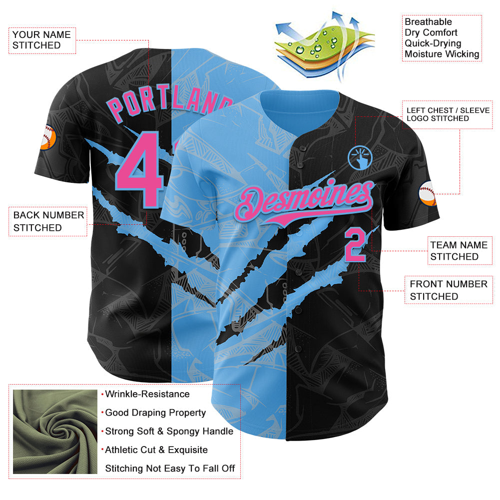 Custom Graffiti Pattern Pink Black-Sky Blue 3D Scratch Authentic Baseball Jersey view 3