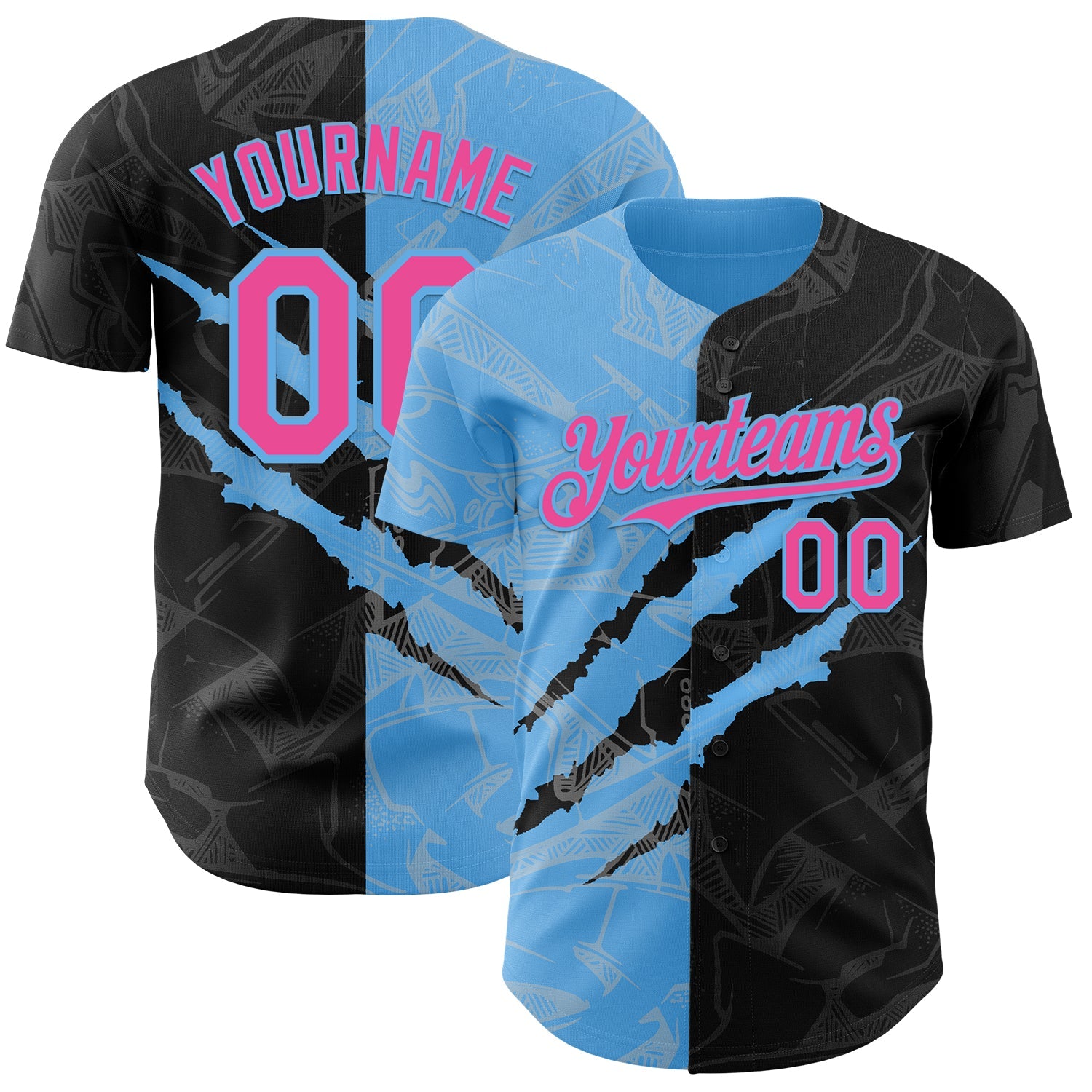 Custom Graffiti Pattern Pink Black-Sky Blue 3D Scratch Authentic Baseball Jersey - Main View