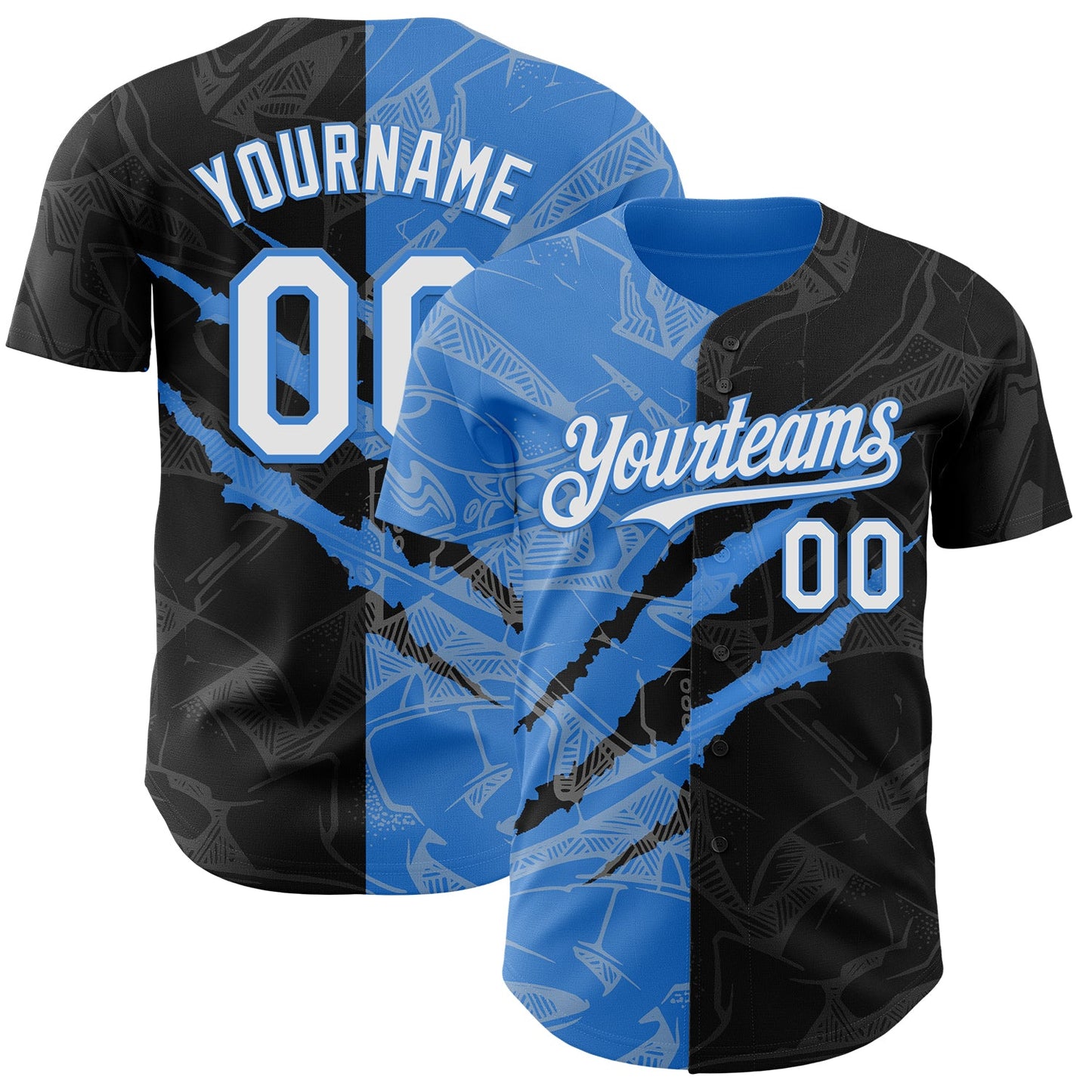 Custom Graffiti Pattern White Black-Electric Blue 3D Scratch Authentic Baseball Jersey - Main View