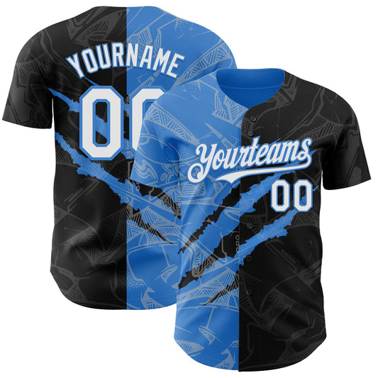Custom Graffiti Pattern White Black-Electric Blue 3D Scratch Authentic Baseball Jersey - Main View