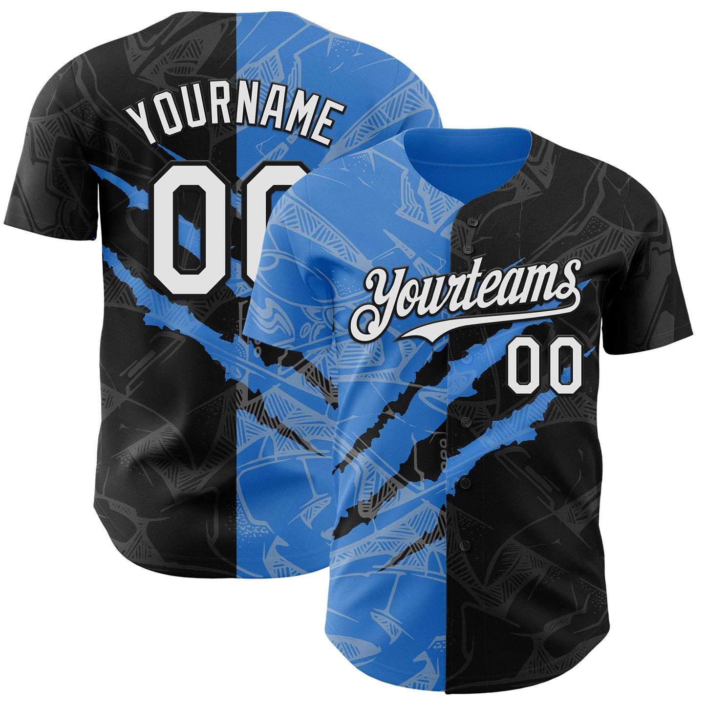 Custom Graffiti Pattern White Black-Electric Blue 3D Scratch Authentic Baseball Jersey - Main View