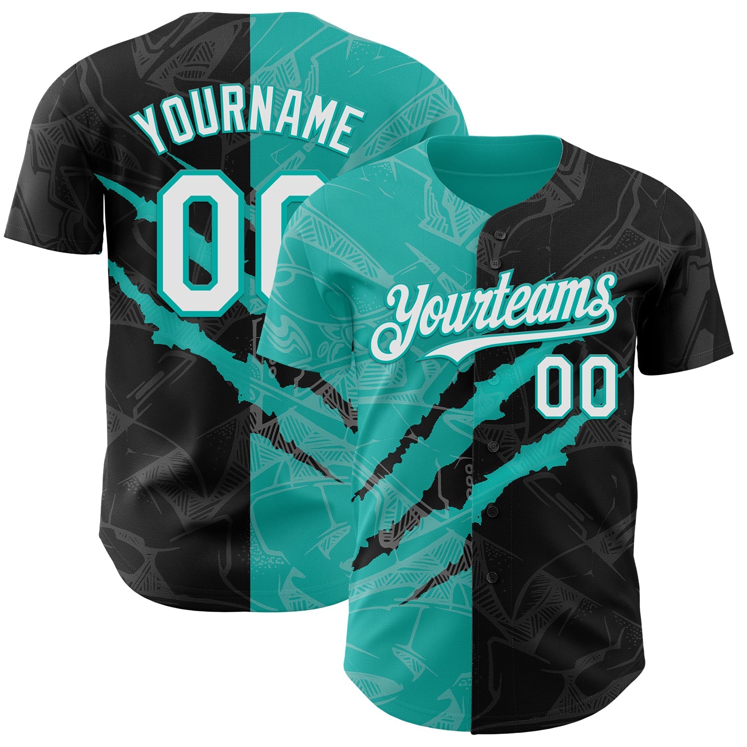 Custom Graffiti Pattern White Black-Aqua 3D Scratch Authentic Baseball Jersey - Main View
