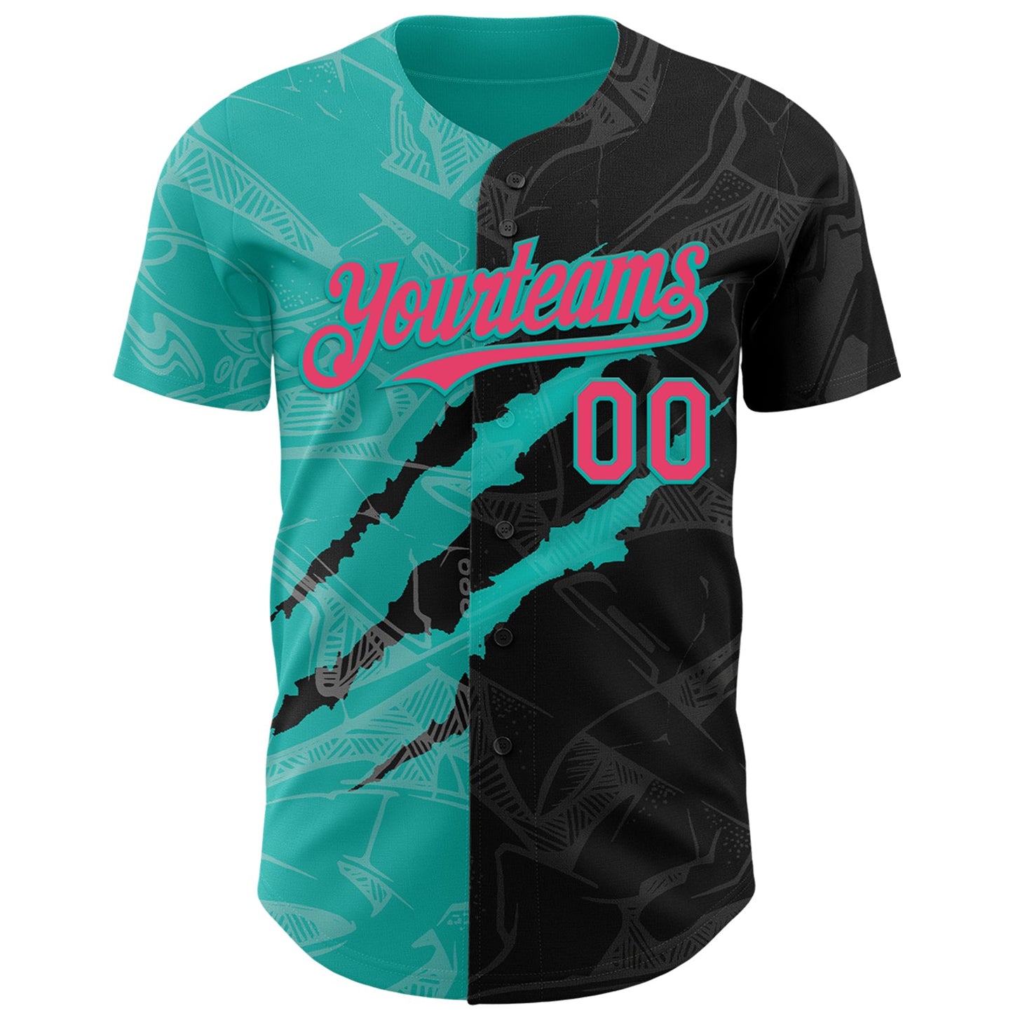 Custom Graffiti Pattern Neon Pink Black-Aqua 3D Scratch Authentic Baseball Jersey view 2