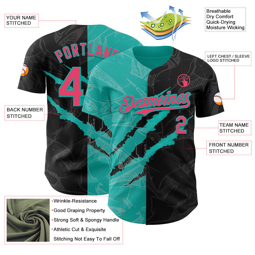Custom Graffiti Pattern Neon Pink Black-Aqua 3D Scratch Authentic Baseball Jersey view 3
