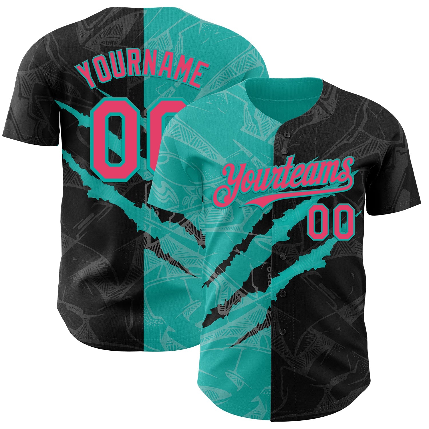 Custom Graffiti Pattern Neon Pink Black-Aqua 3D Scratch Authentic Baseball Jersey - Main View