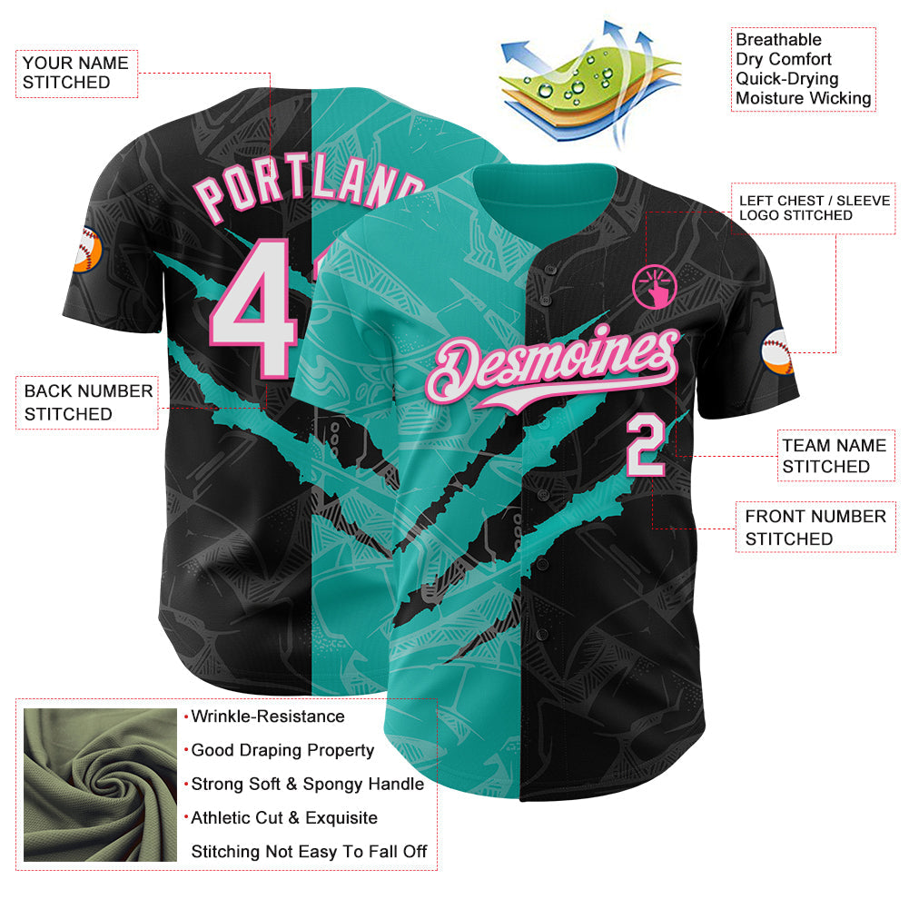 Custom Graffiti Pattern White Black Aqua-Pink 3D Scratch Authentic Baseball Jersey view 3