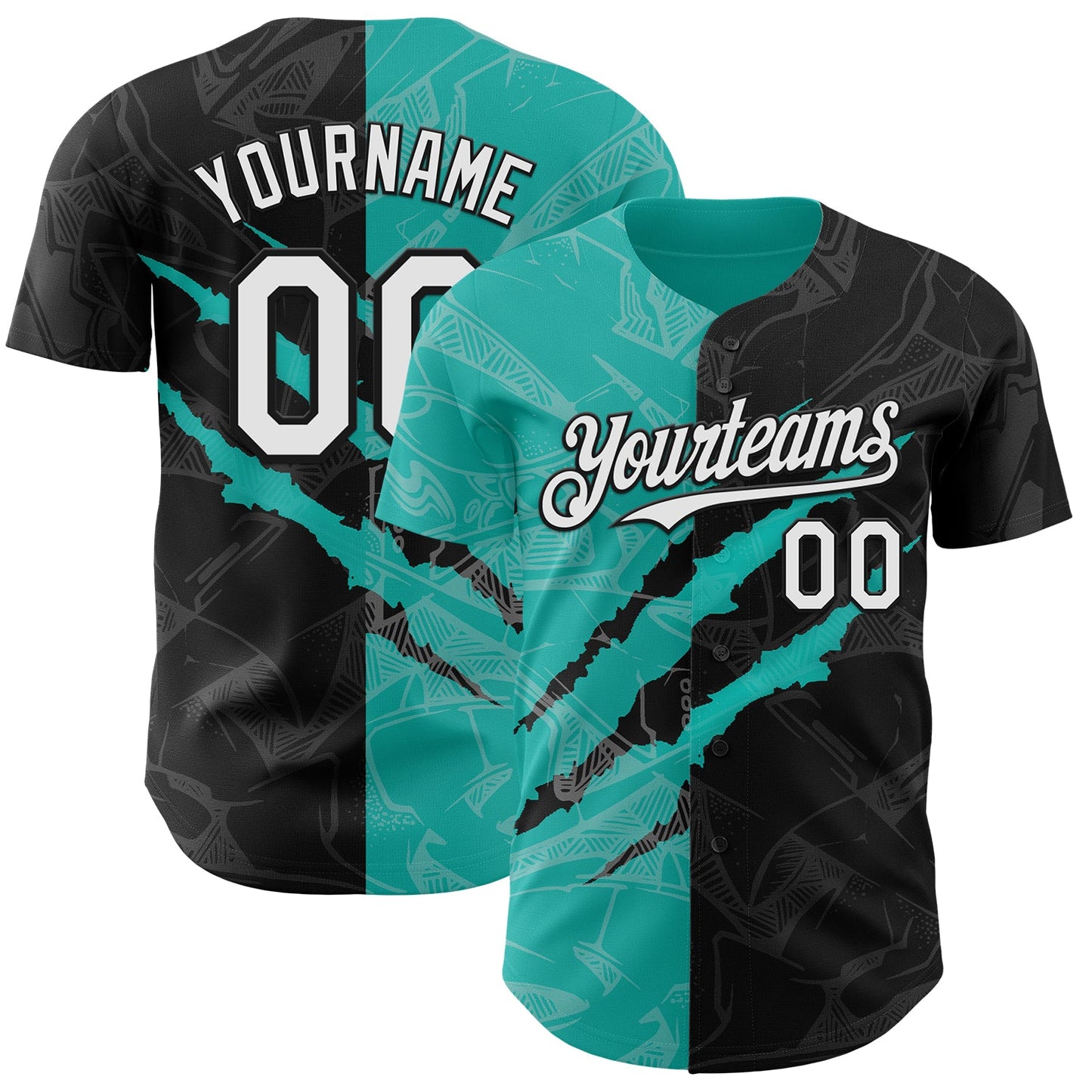 Custom Graffiti Pattern White Black-Aqua 3D Scratch Authentic Baseball Jersey - Main View