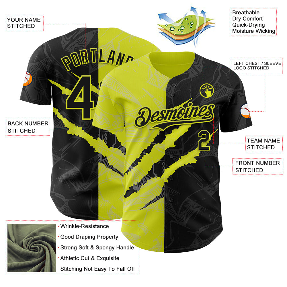 Custom Graffiti Pattern Black-Neon Yellow 3D Scratch Authentic Baseball Jersey view 3