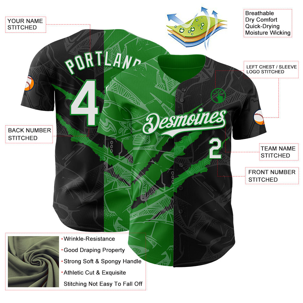 Custom Graffiti Pattern White Black-Grass Green 3D Scratch Authentic Baseball Jersey view 3