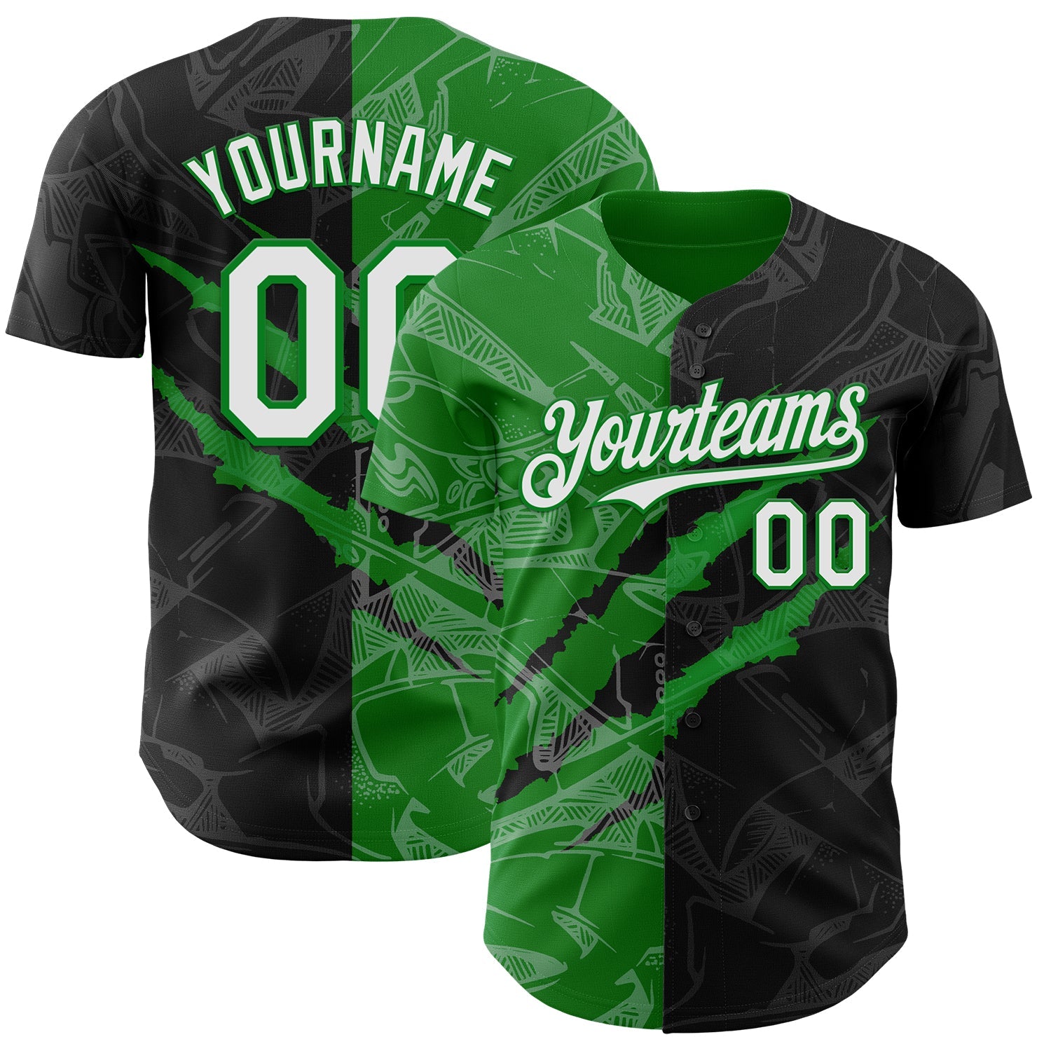 Custom Graffiti Pattern White Black-Grass Green 3D Scratch Authentic Baseball Jersey - Main View