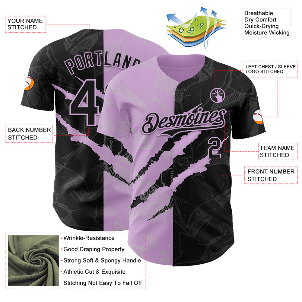 Custom Graffiti Pattern Black-Light Purple 3D Scratch Authentic Baseball Jersey view 3