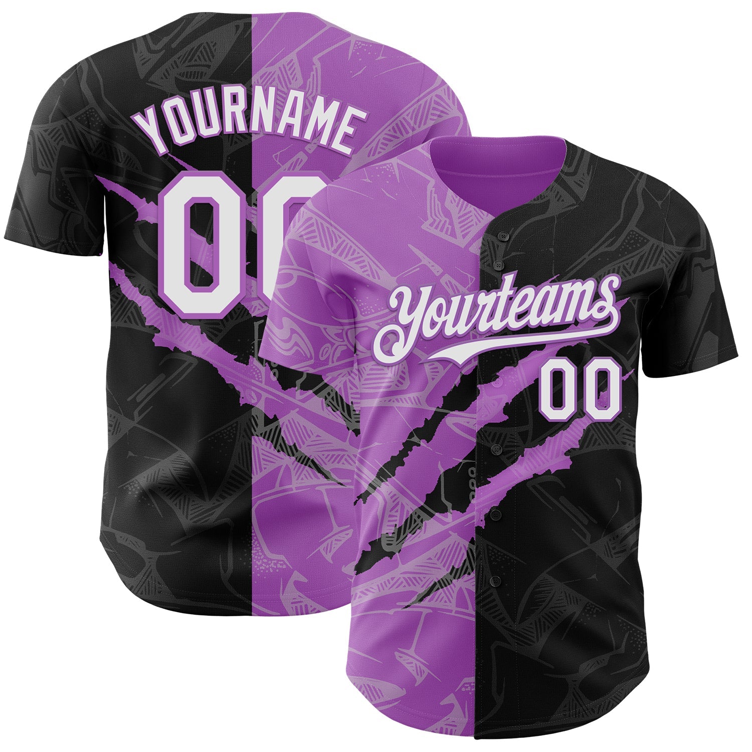 Custom Graffiti Pattern White Black-Medium Purple 3D Scratch Authentic Baseball Jersey - Main View