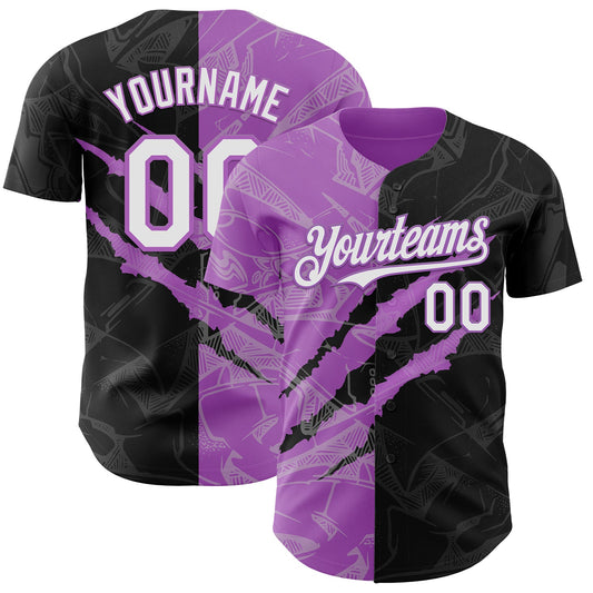 Custom Graffiti Pattern White Black-Medium Purple 3D Scratch Authentic Baseball Jersey - Main View