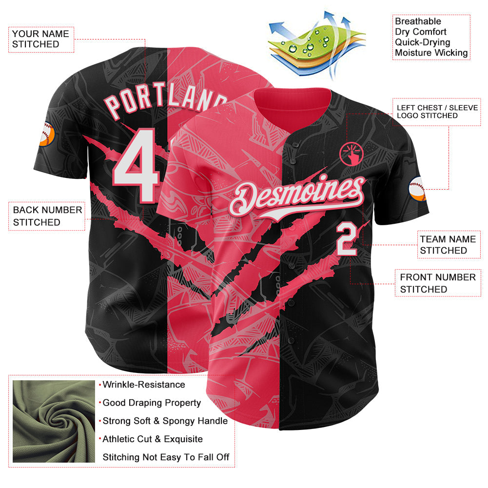 Custom Graffiti Pattern White Black-Neon Pink 3D Scratch Authentic Baseball Jersey view 3