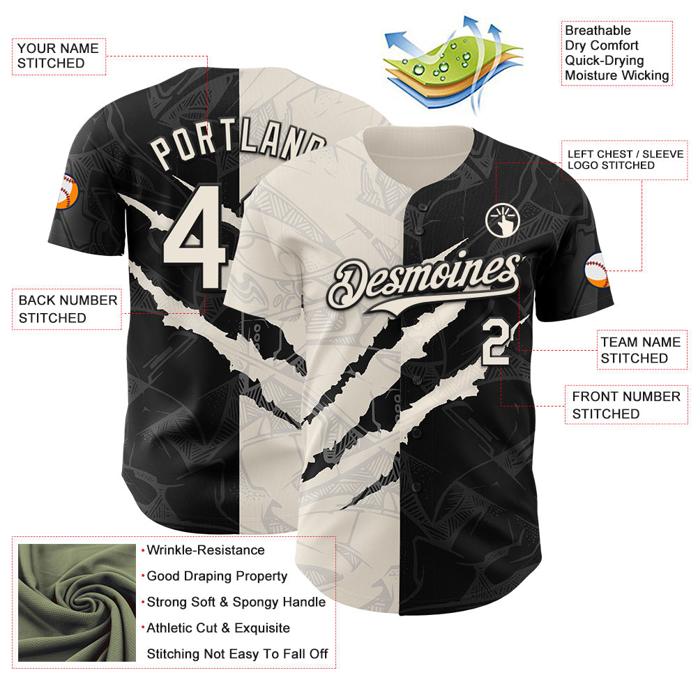Custom Graffiti Pattern Cream-Black 3D Scratch Authentic Baseball Jersey view 3