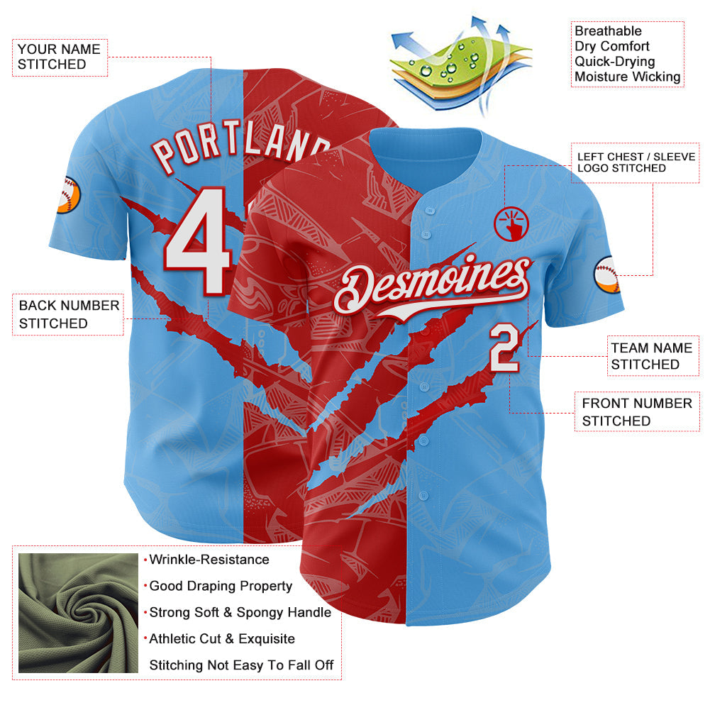 Custom Graffiti Pattern White Sky Blue-Red 3D Scratch Authentic Baseball Jersey view 3