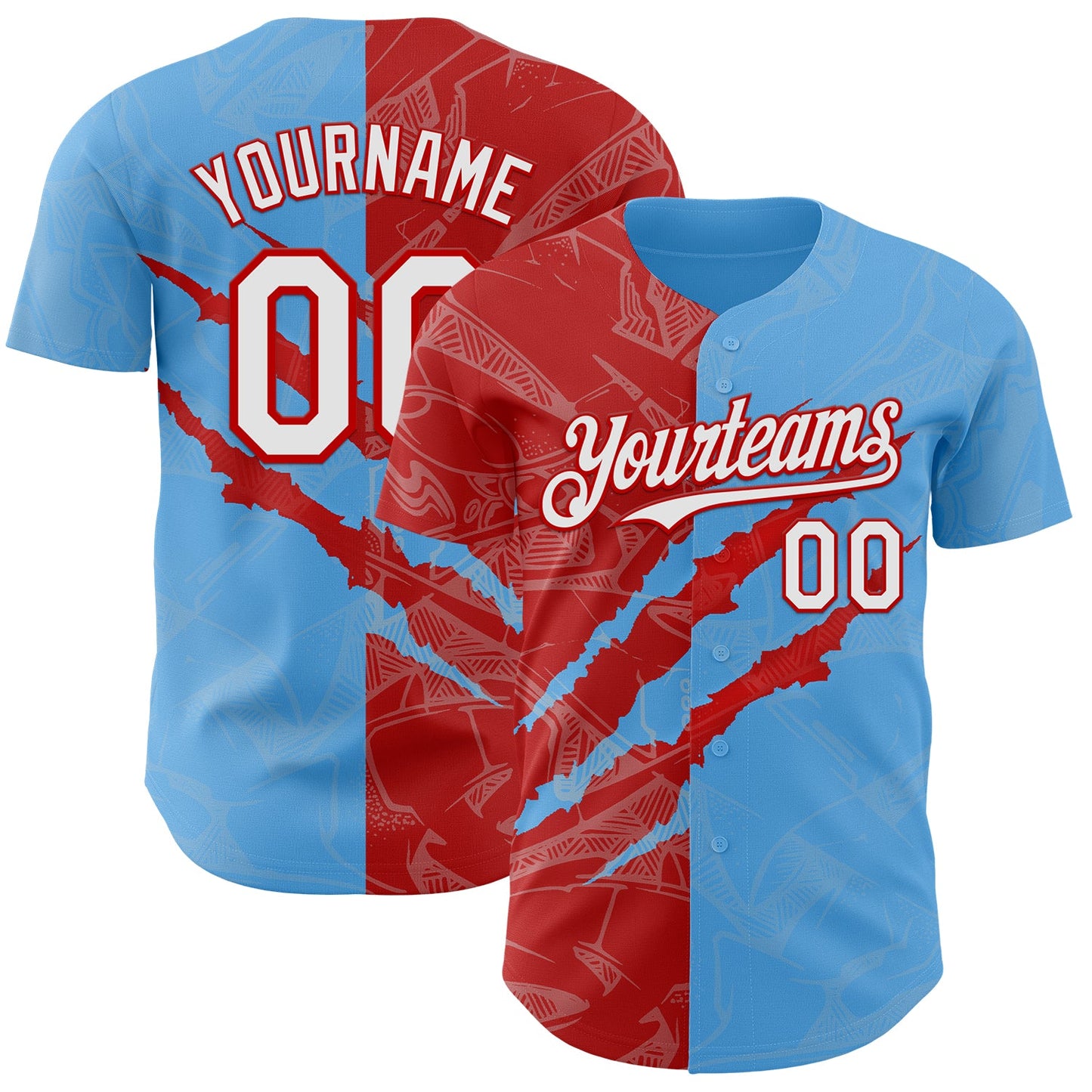Custom Graffiti Pattern White Sky Blue-Red 3D Scratch Authentic Baseball Jersey - Main View